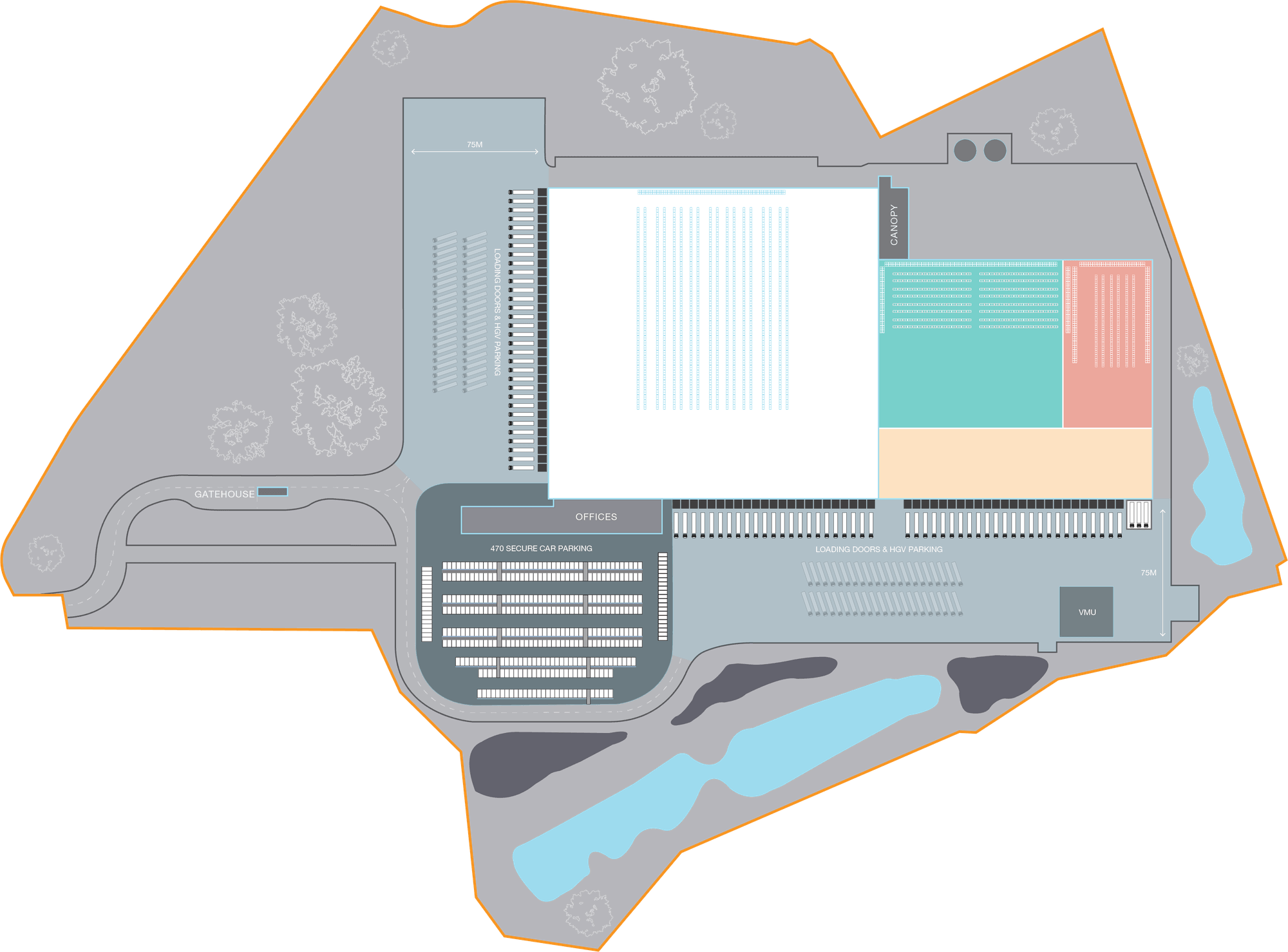DIAL 650 site plan showing warehouse, chiller, freezer, offices, car parking and service yards